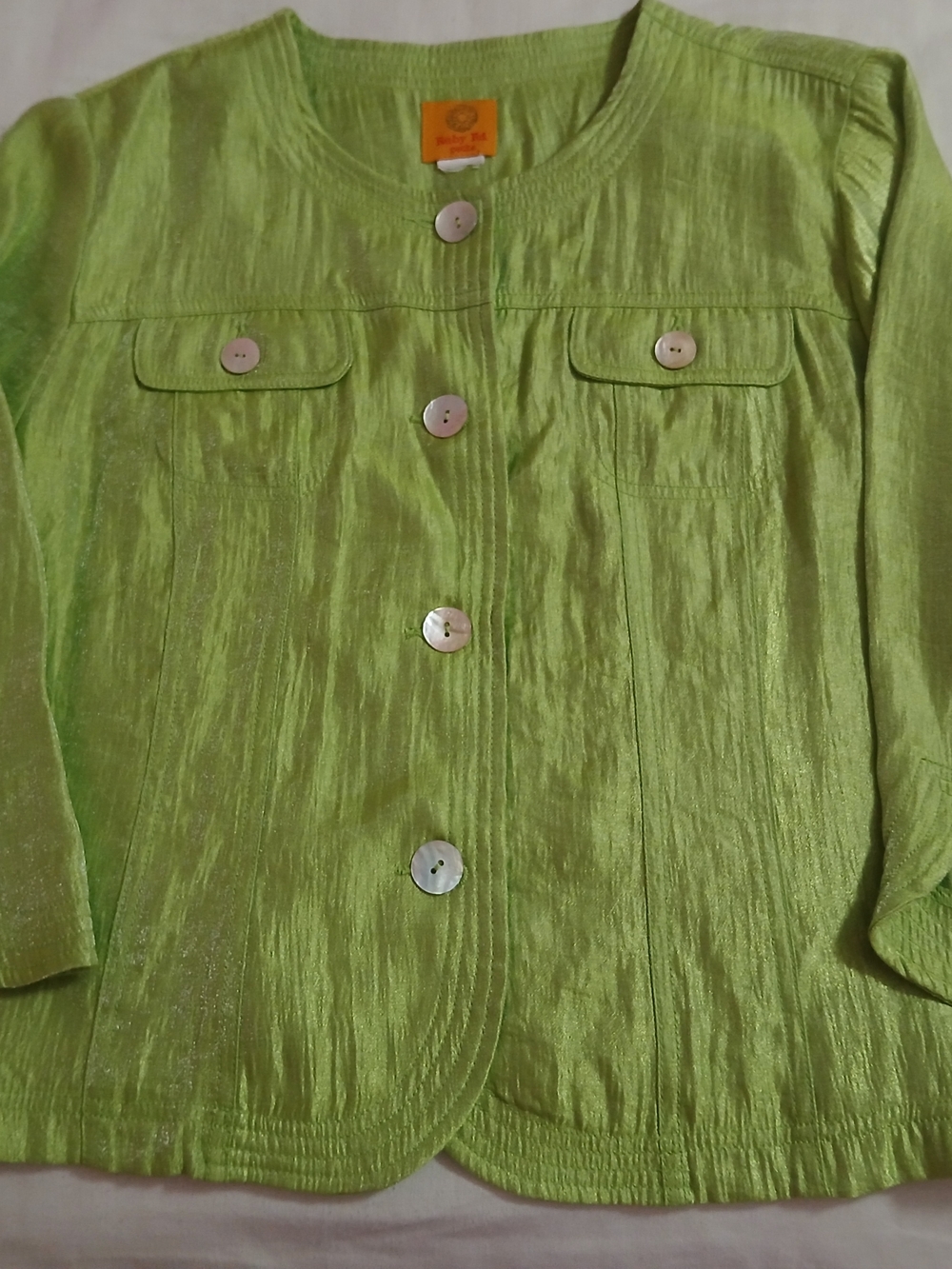 Ruby Rd green  Metallic Button up Jacket 8P Womens 3/4 Sleeve Rayon Pockets